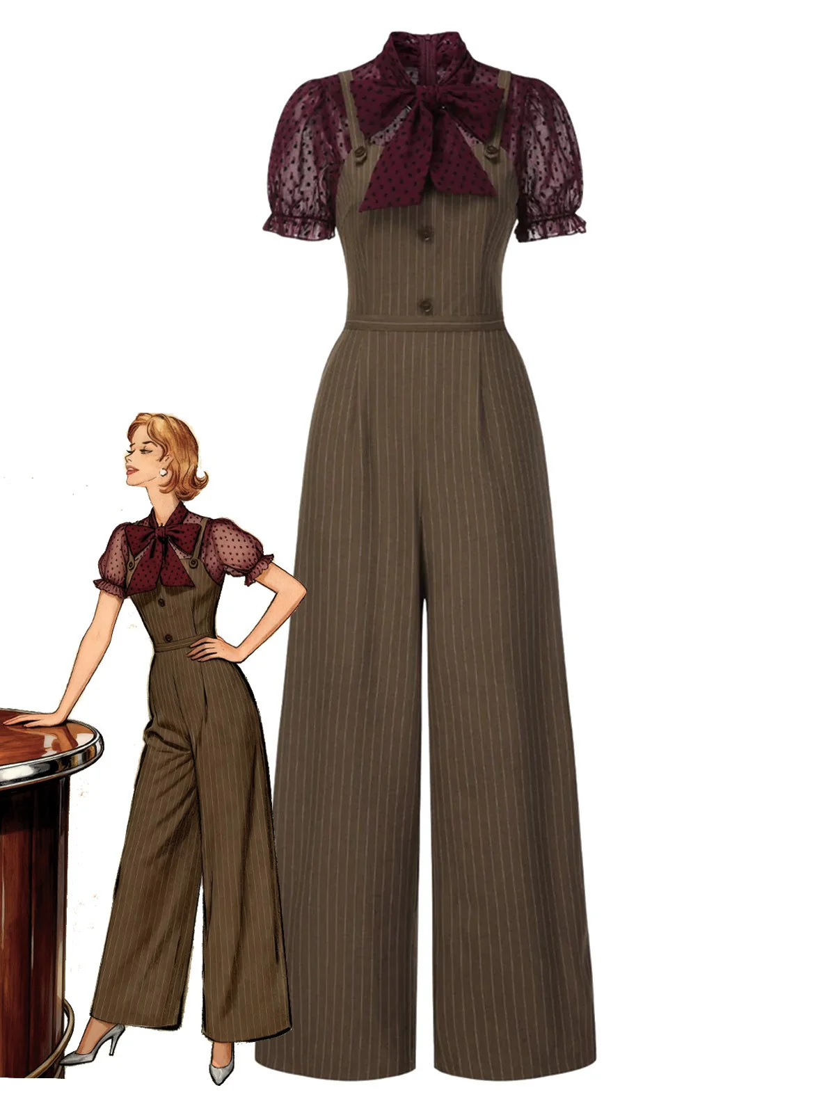 Rot 1930er Netz Patchwork Vertikal Streifen Jumpsuit - Image 4