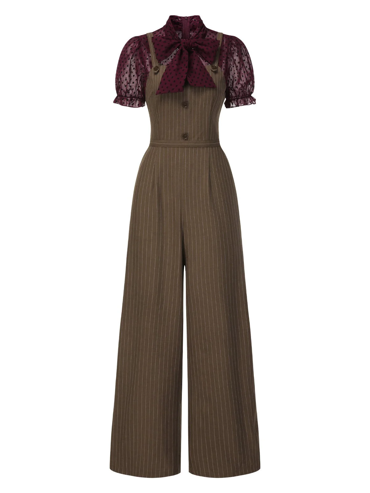 Rot 1930er Netz Patchwork Vertikal Streifen Jumpsuit - Image 5