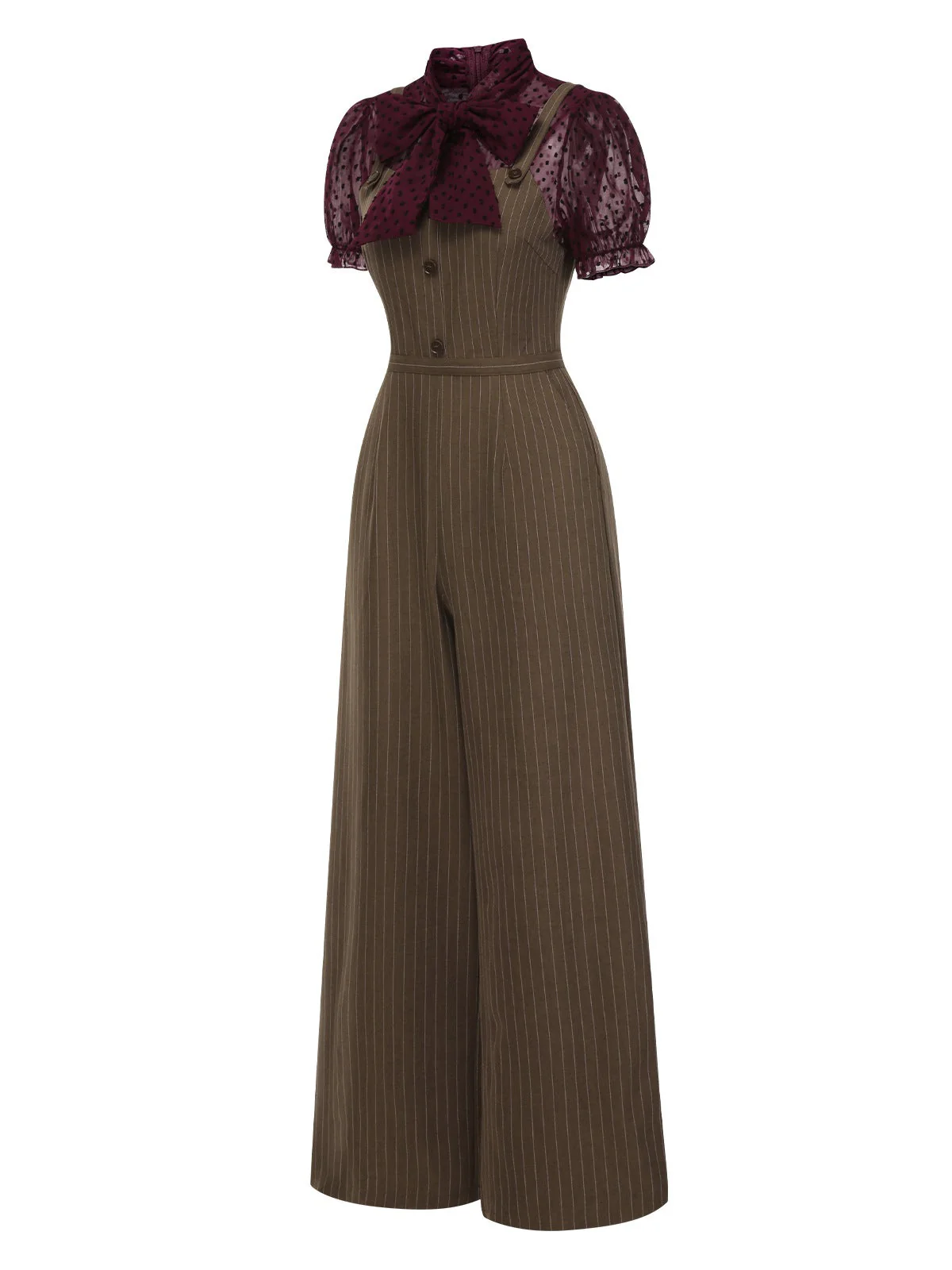 Rot 1930er Netz Patchwork Vertikal Streifen Jumpsuit - Image 6