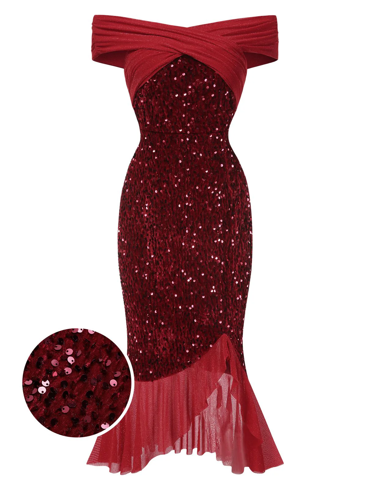 Rot 1930er Pailletten Schulterfrei Kleid