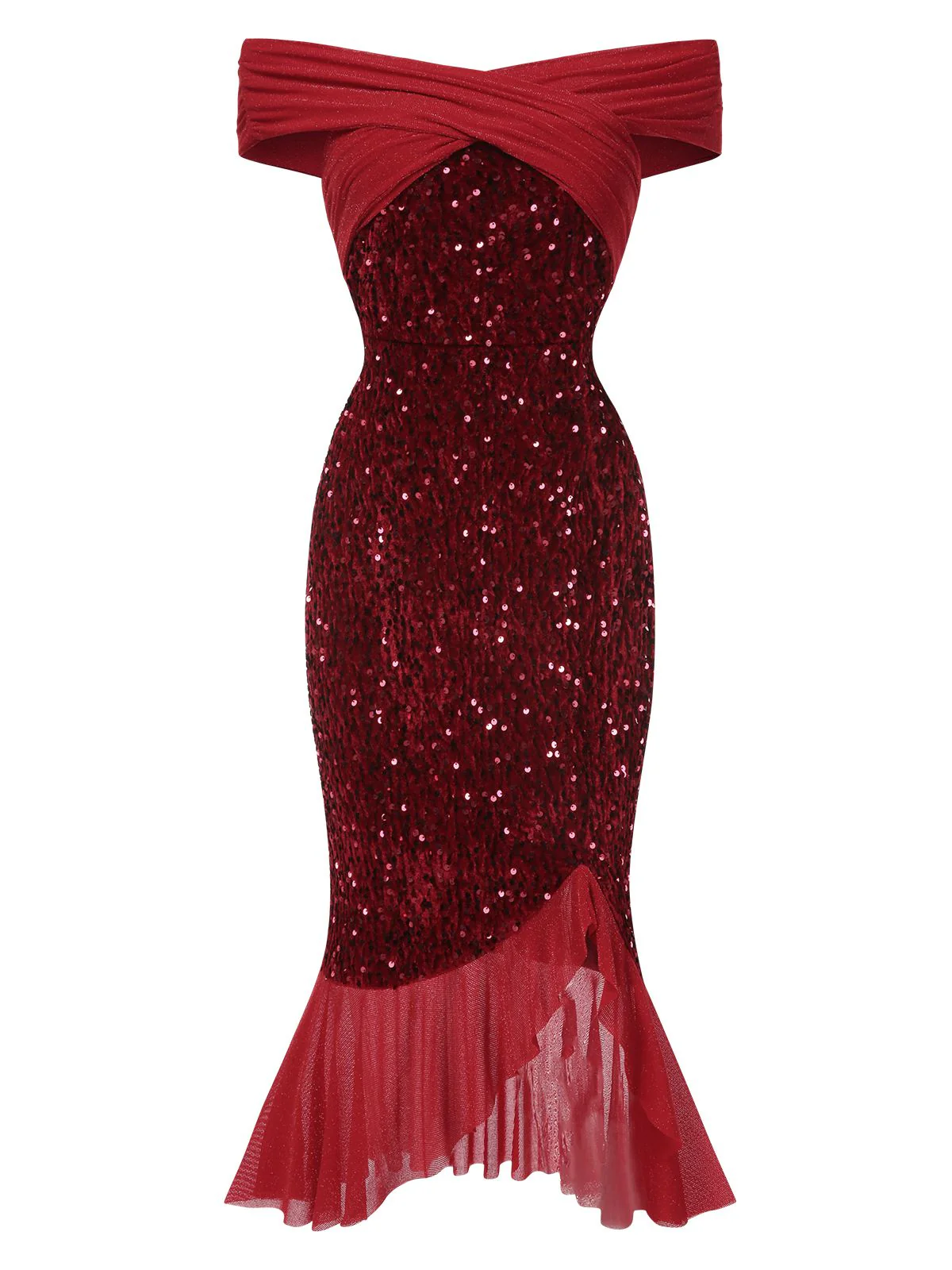 Rot 1930er Pailletten Schulterfrei Kleid - Image 2