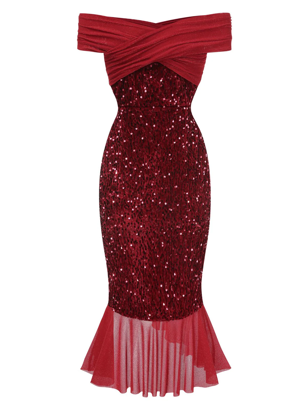 Rot 1930er Pailletten Schulterfrei Kleid - Image 3