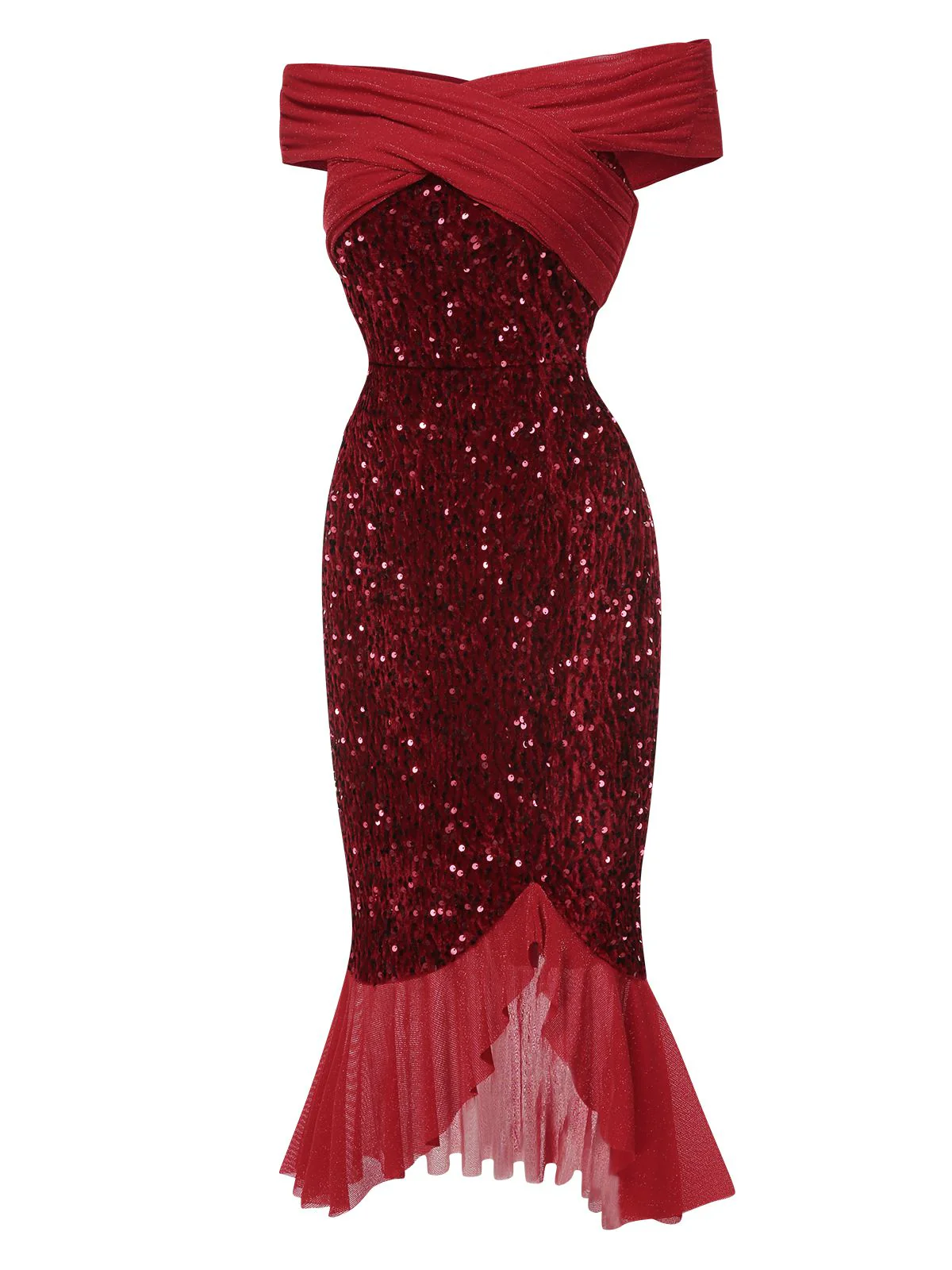 Rot 1930er Pailletten Schulterfrei Kleid - Image 4