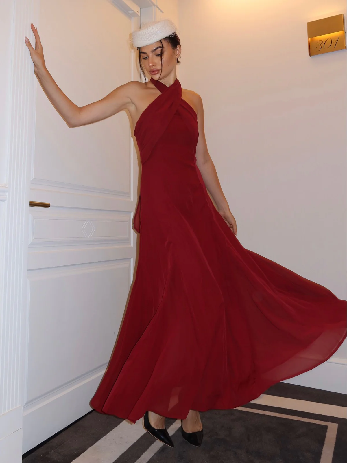 Rot 1930er Solide Chiffon Criss Kreuzen Trägerlos Cabrio Kleid - Image 2
