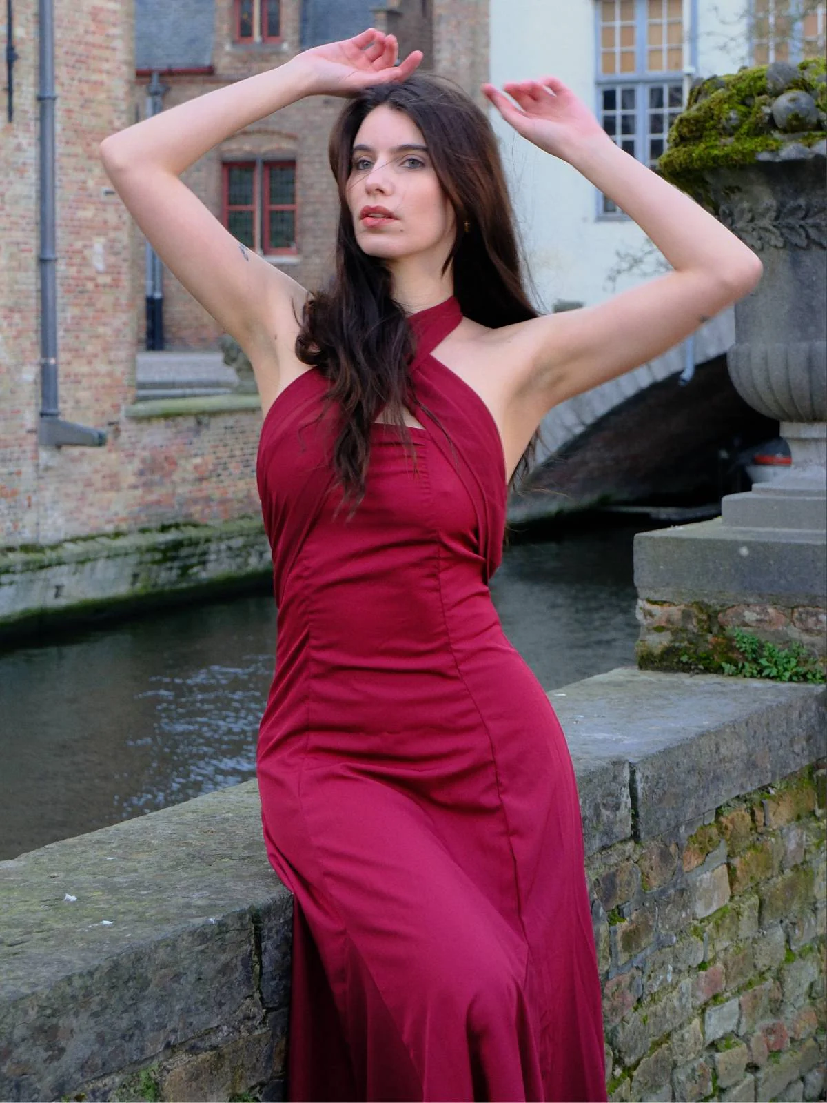 Rot 1930er Solide Chiffon Criss Kreuzen Trägerlos Cabrio Kleid - Image 2