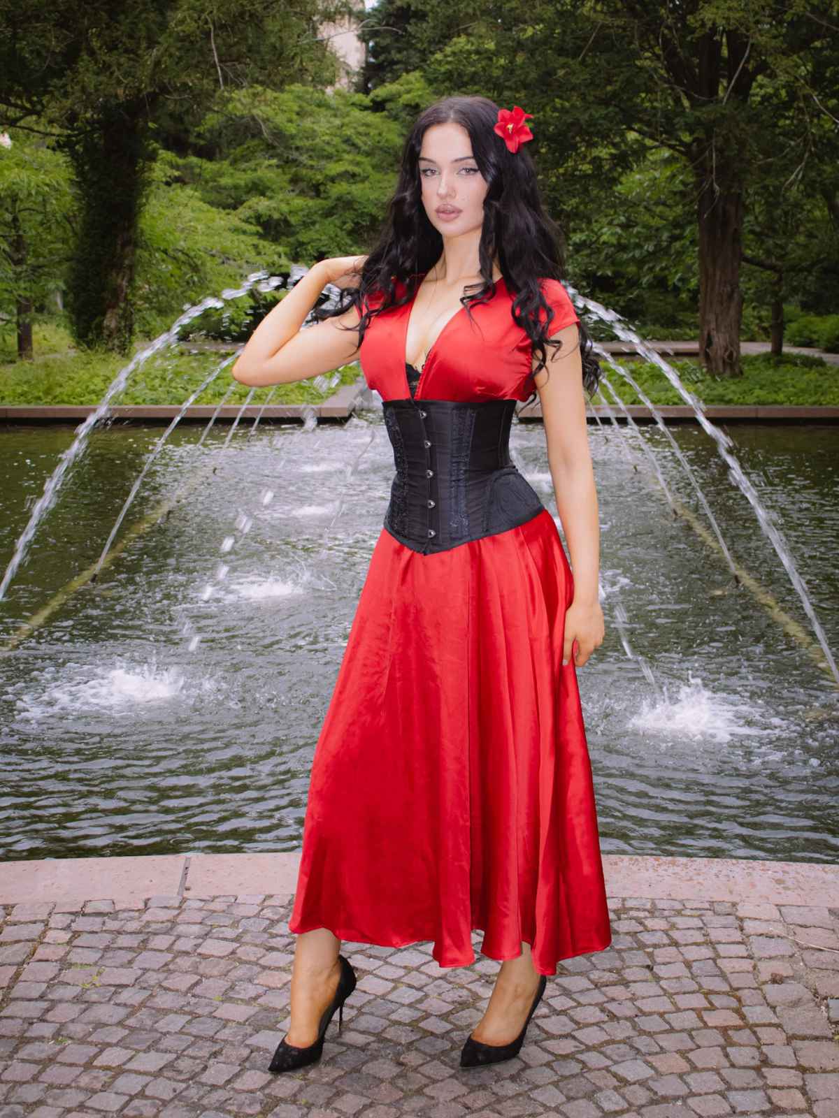 Rosa 1930er Solide Tiefer V-Ausschnitt Satin Kleid - Image 6