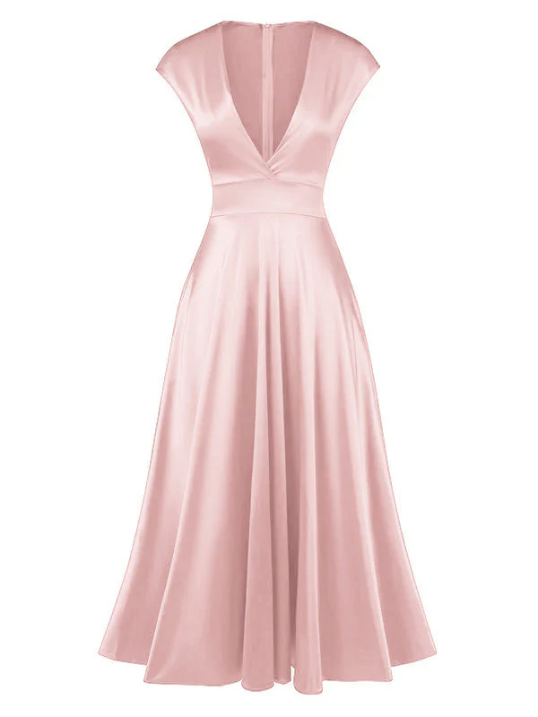 Rosa 1930er Solide Tiefer V-Ausschnitt Satin Kleid