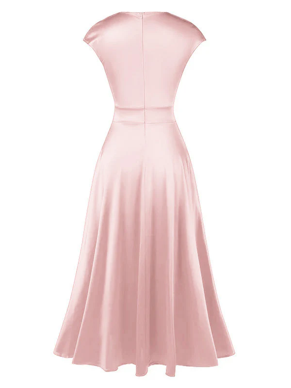 Rosa 1930er Solide Tiefer V-Ausschnitt Satin Kleid - Image 3