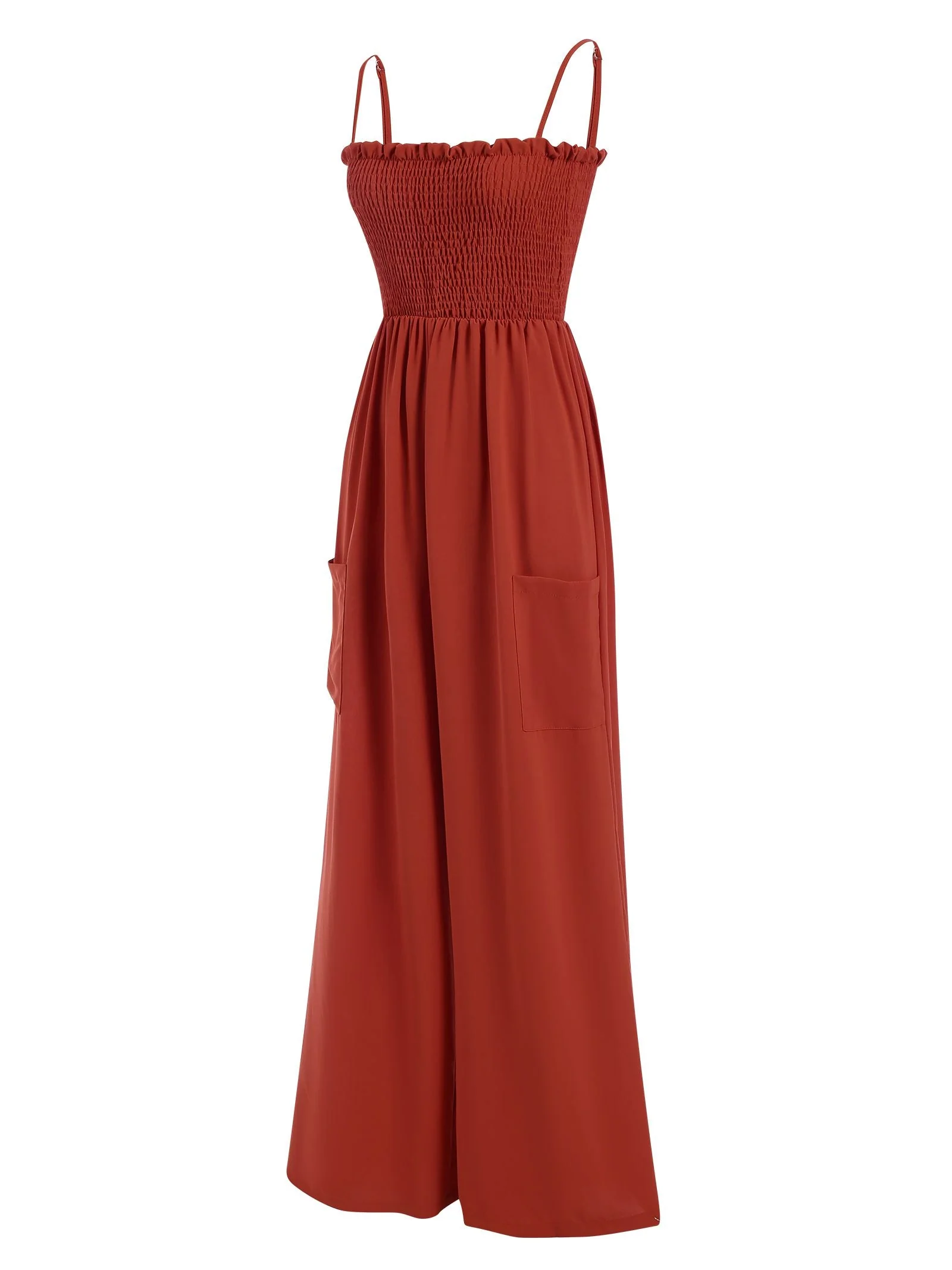 Rot 1930er Spaghetti Träger Plissiertes Rüschen Solide Jumpsuit - Image 3