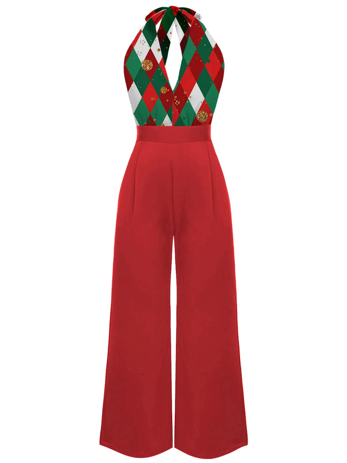 Rot 1930er Weihnachten Plaid Spitze Patchwork Jumpsuit - Image 2