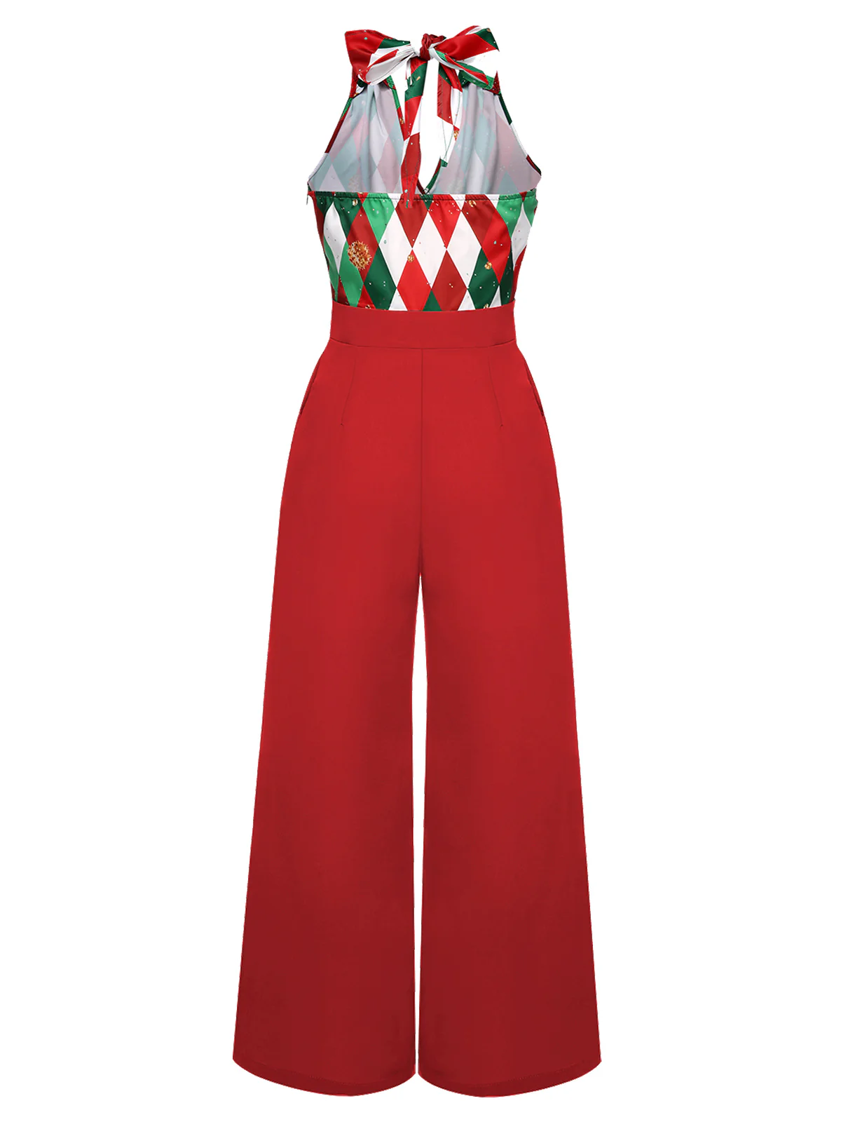 Rot 1930er Weihnachten Plaid Spitze Patchwork Jumpsuit - Image 3