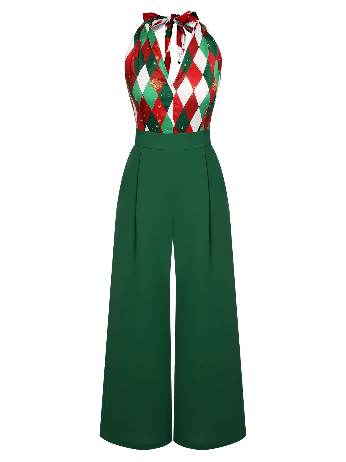Rot 1930er Weihnachten Plaid Spitze Patchwork Jumpsuit - Image 7