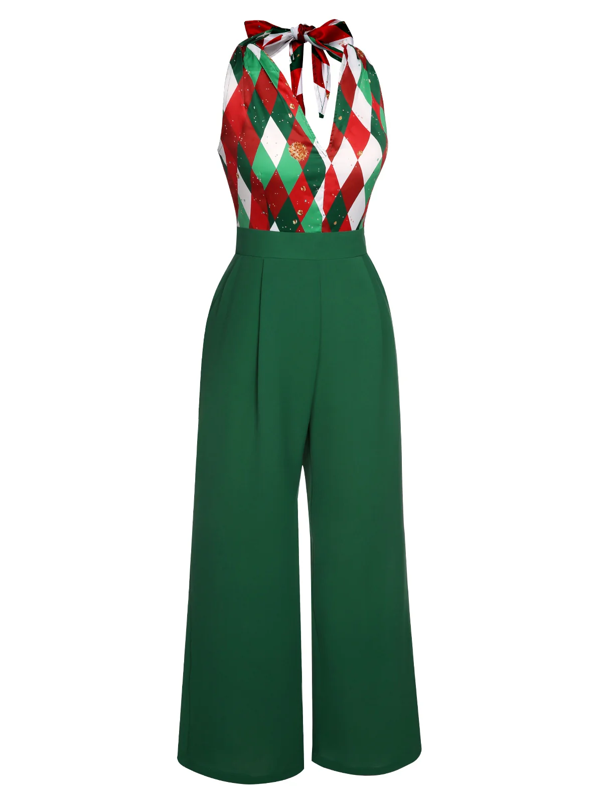 Rot 1930er Weihnachten Plaid Spitze Patchwork Jumpsuit - Image 8
