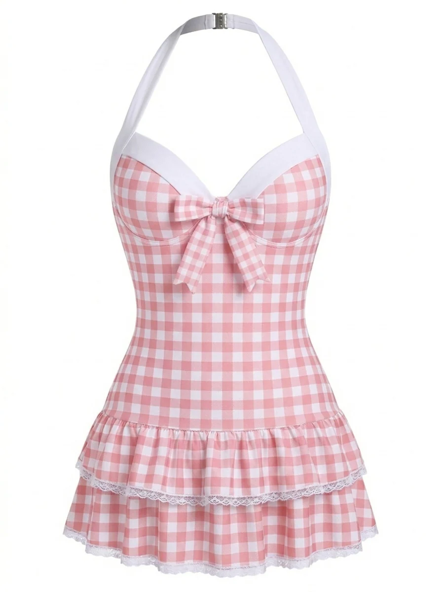 [Vorverkauf] Rot 1940er Halter Kariert Schleife Einteiliger Badeanzug - Image 2