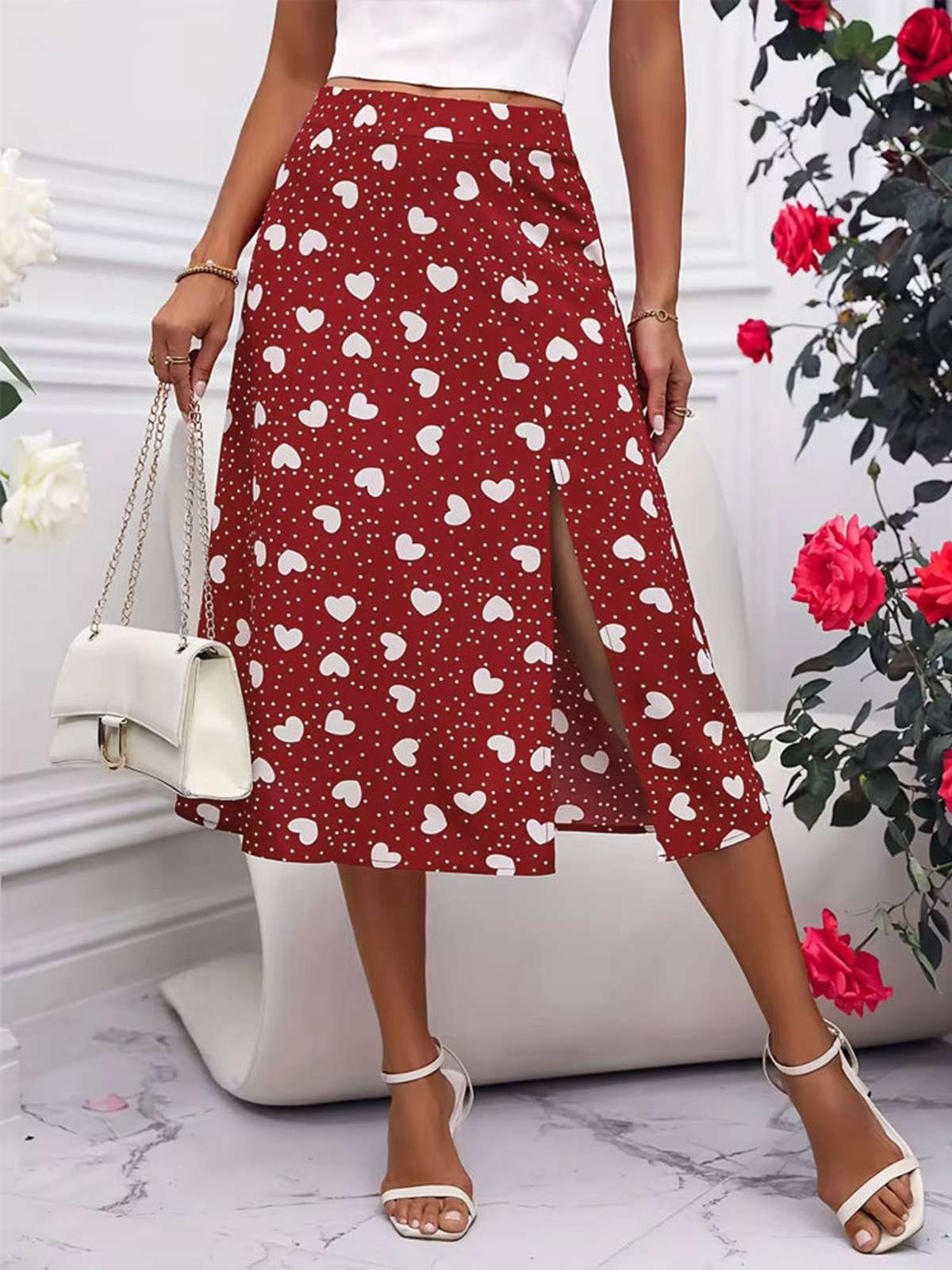 Rot 1940er Herzen Polka Dot Schlitz Rock - Image 3