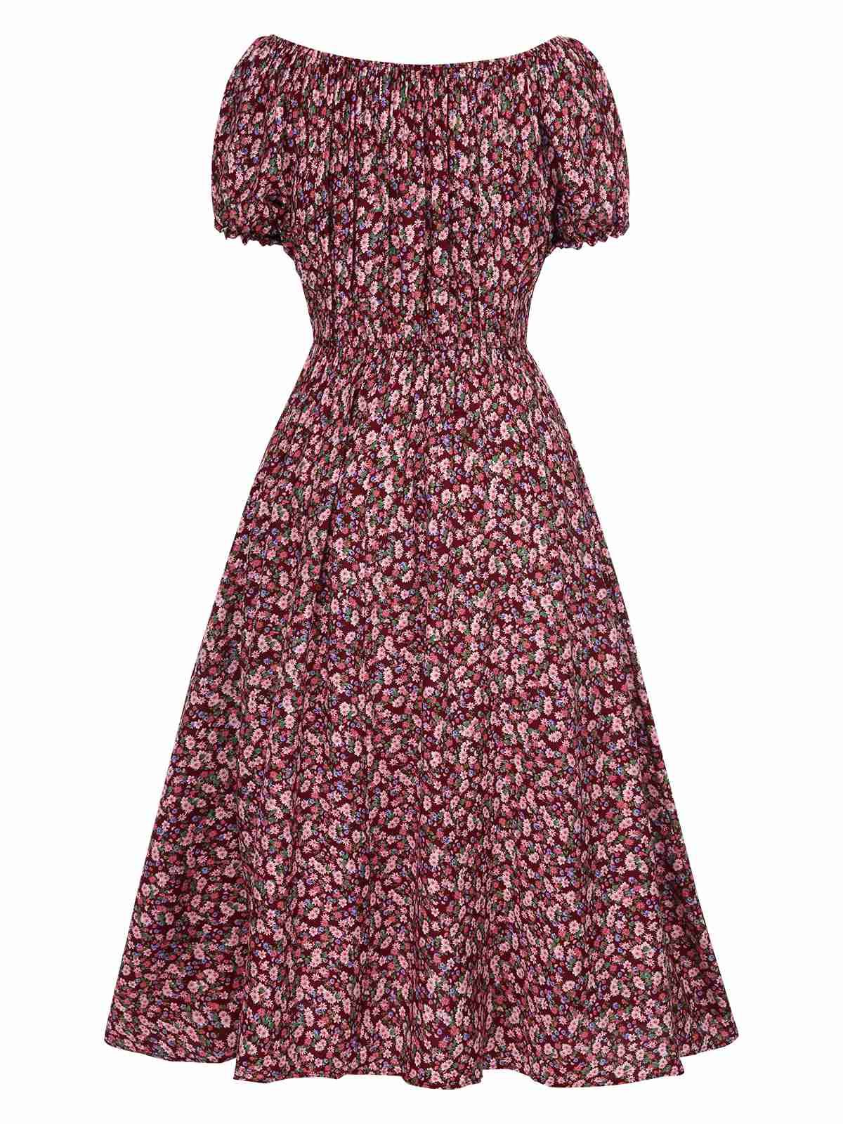 Rot 1940er Puffärmel Kleine Blumen Kleid - Image 2