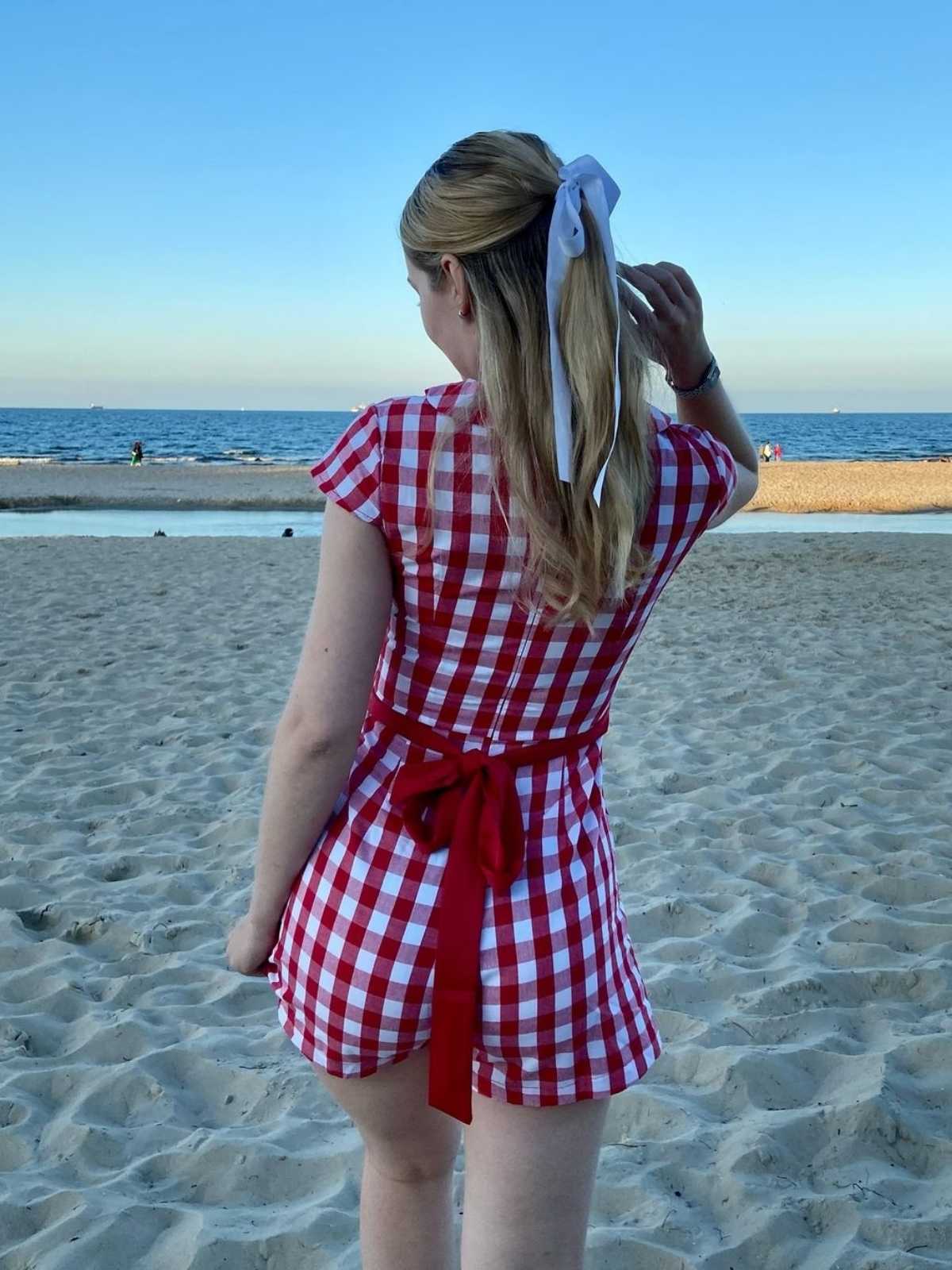 Rot 1940er Revers Plaids Romper mit Gürtel - Image 2