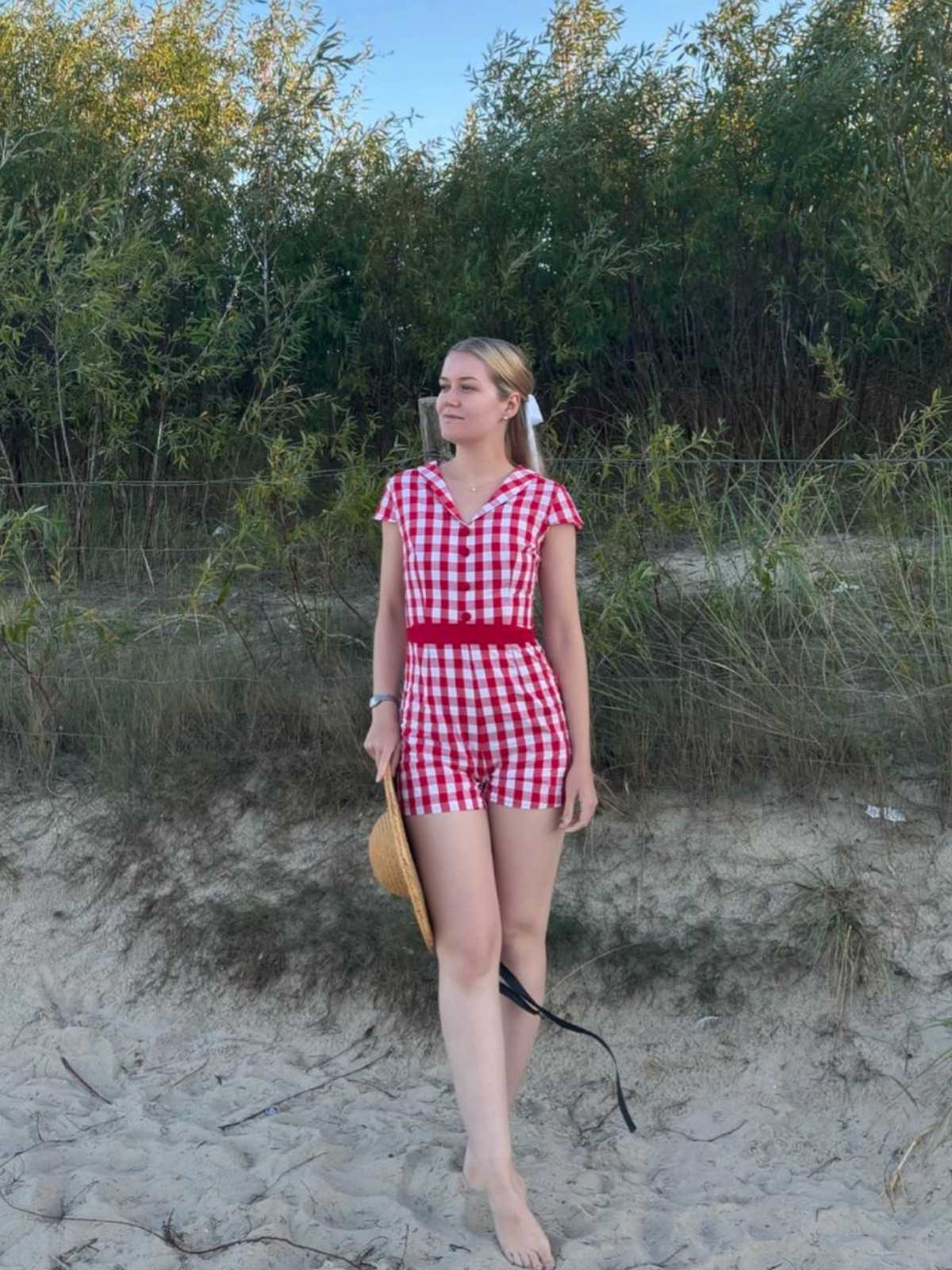 Rot 1940er Revers Plaids Romper mit Gürtel - Image 3
