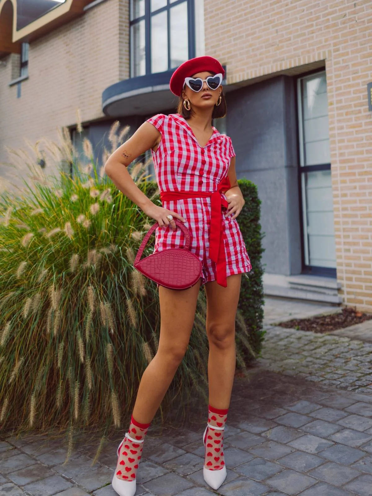Rot 1940er Revers Plaids Romper mit Gürtel - Image 2