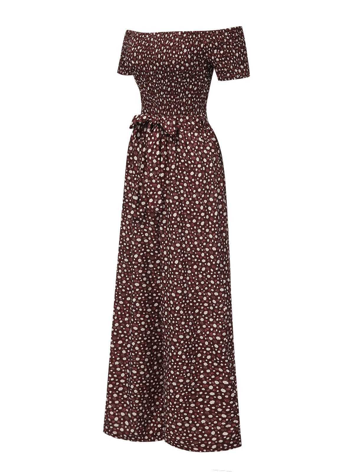 Rot 1940er Schulterfrei Blumen Gesmokt Jumpsuit - Image 2