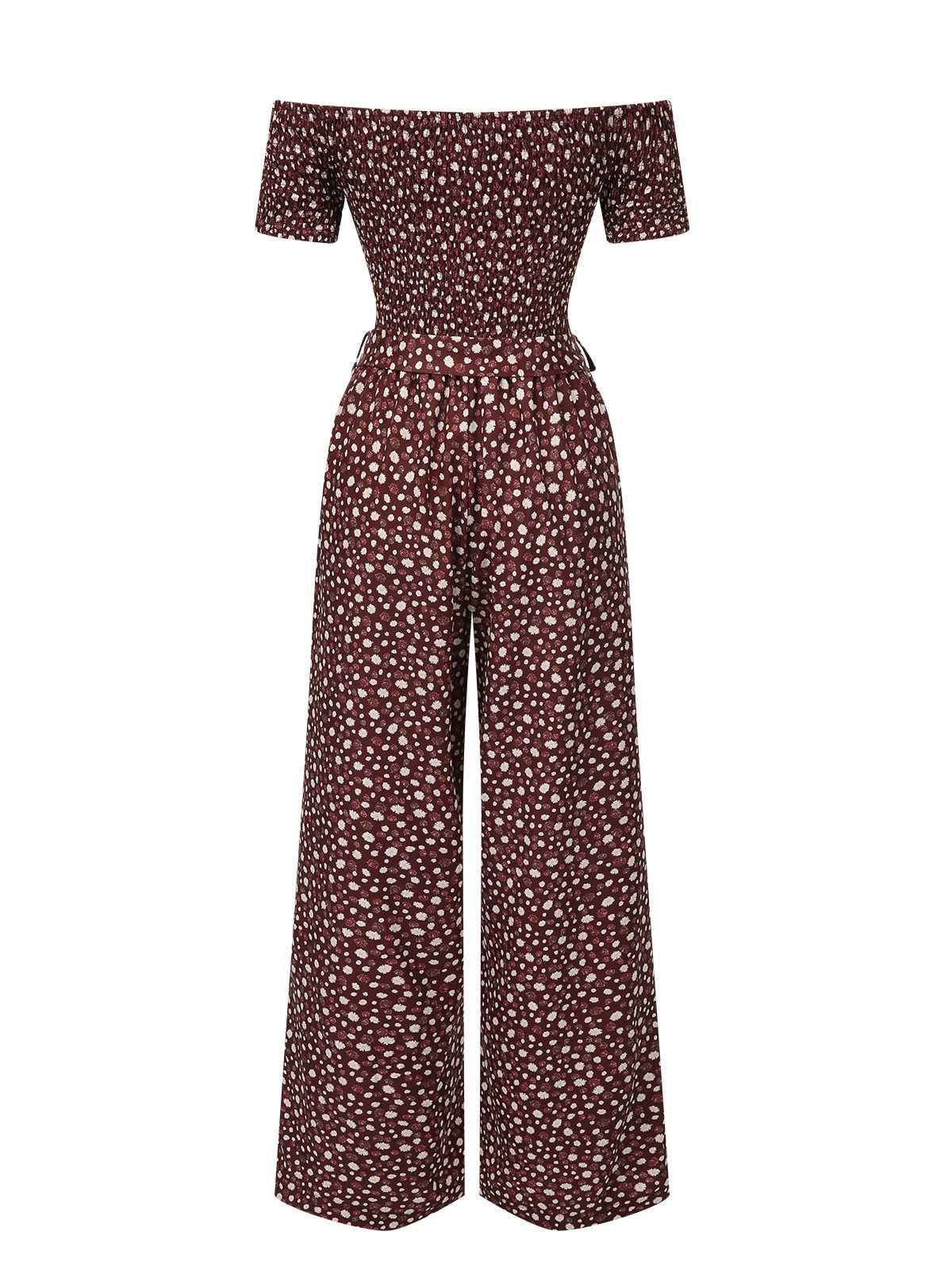 Rot 1940er Schulterfrei Blumen Gesmokt Jumpsuit - Image 3