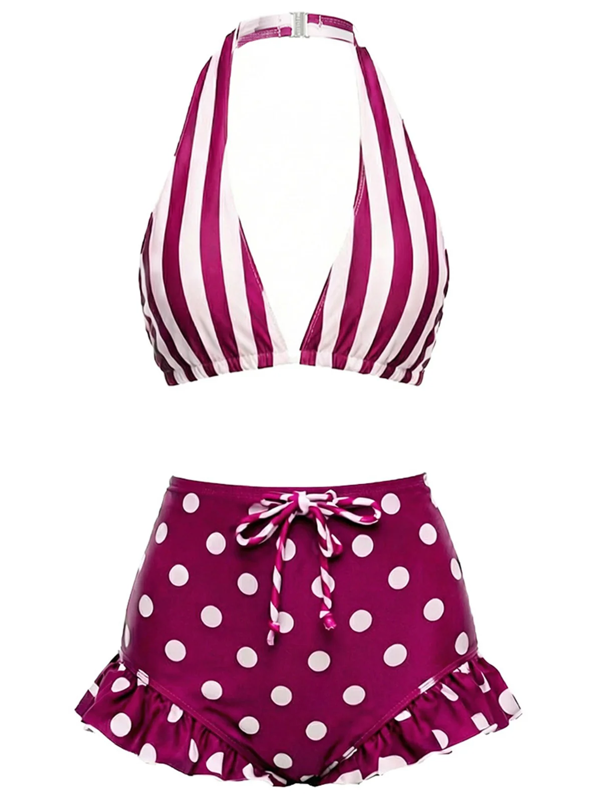 Rot 1940er Streifen Halter Polka Punkte Rüschen Bikini Set - Image 3