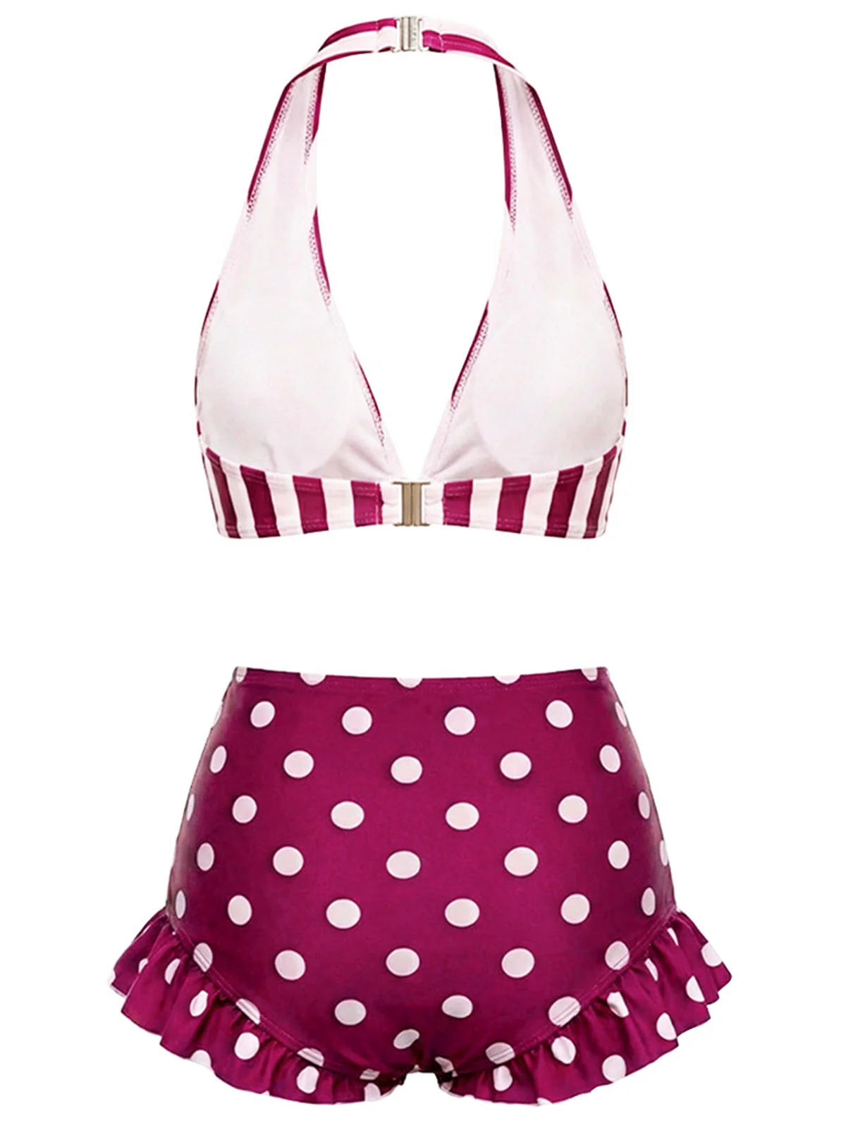 Rot 1940er Streifen Halter Polka Punkte Rüschen Bikini Set - Image 4