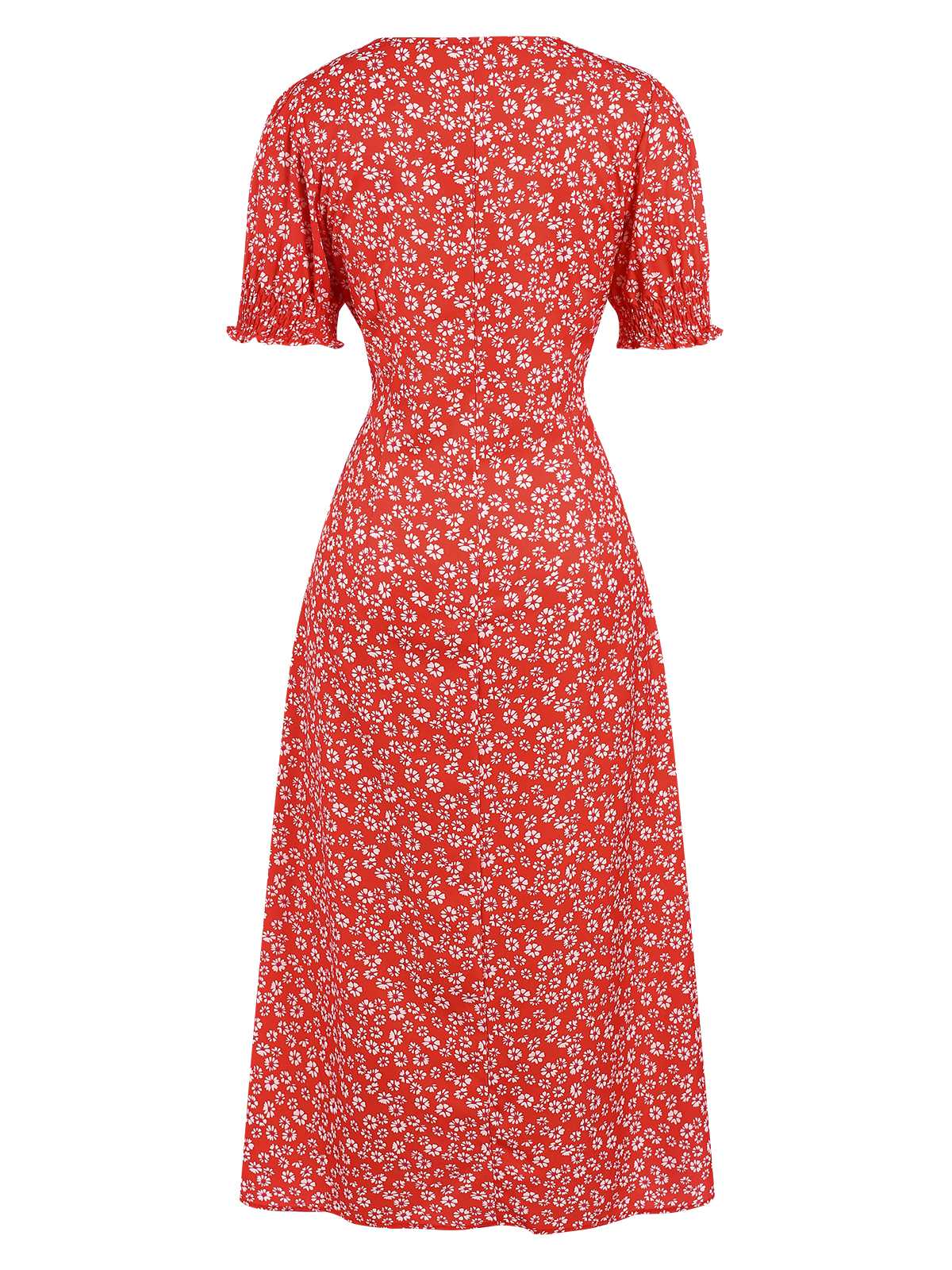 Rot 1940er Sweetheart-Kragen Blumen Schlitz Kleid - Image 2