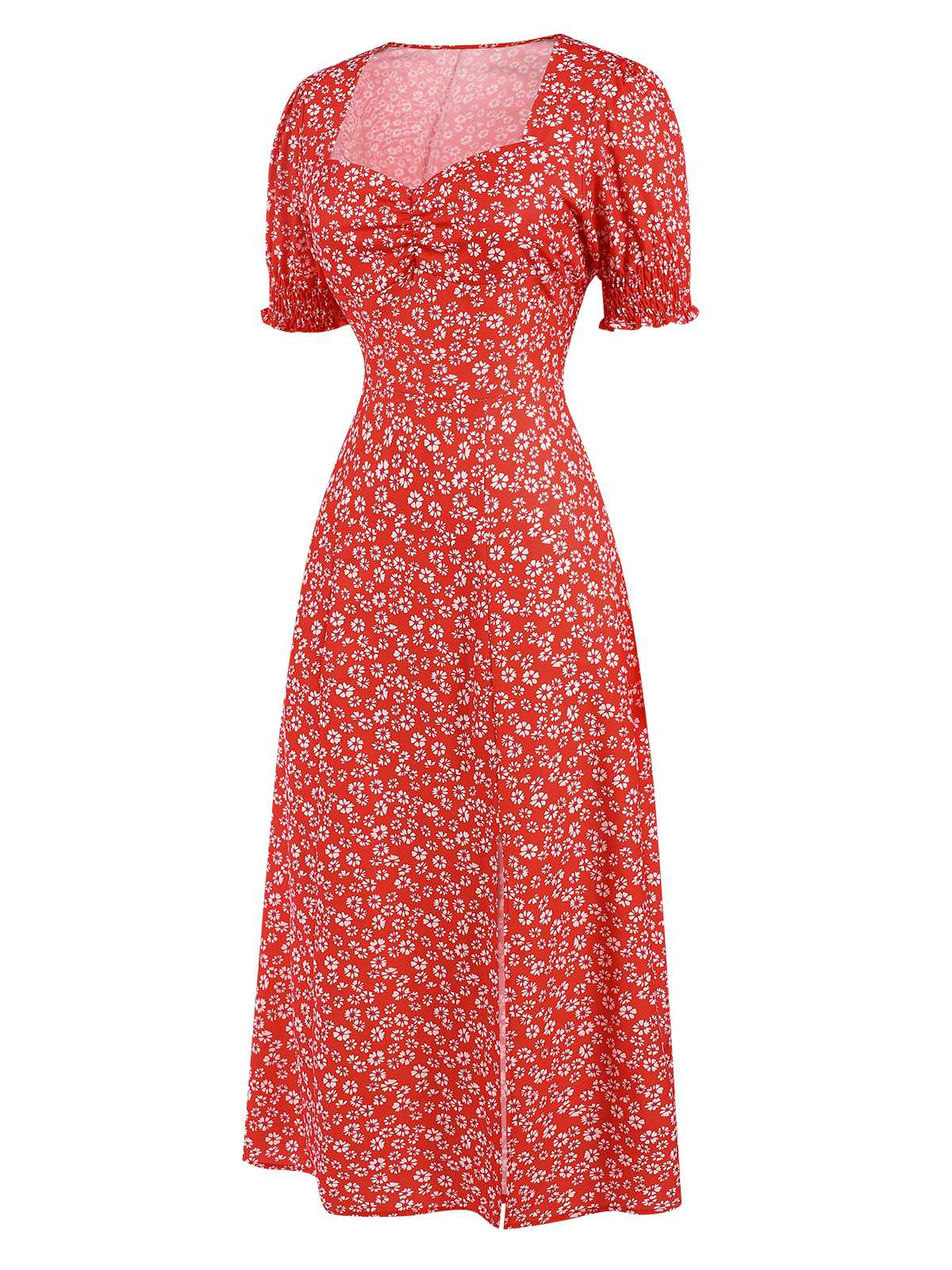 Rot 1940er Sweetheart-Kragen Blumen Schlitz Kleid - Image 3