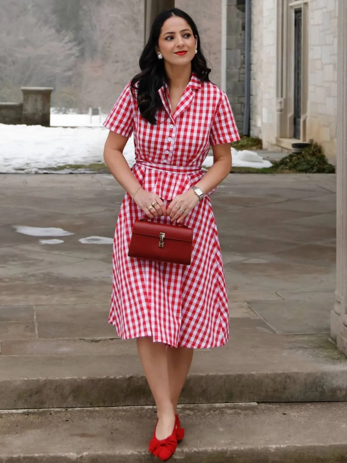 Rot 1950er Baumwolle Gingham Plaids Gürtel Kleid - Image 2