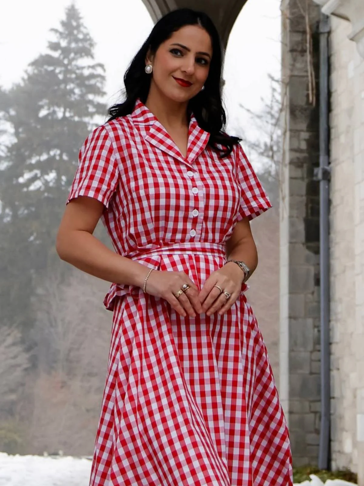 Rot 1950er Baumwolle Gingham Plaids Gürtel Kleid - Image 2