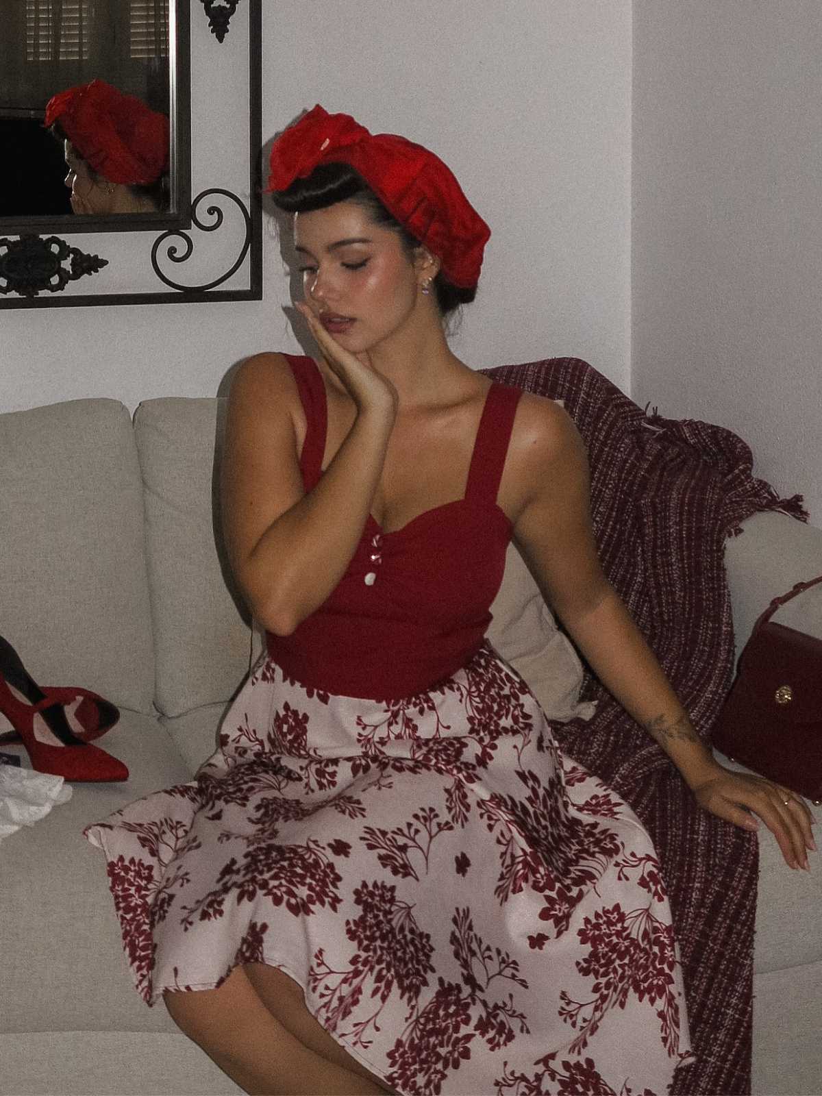 Rot 1950er Blumen Knöpfen Sweetheart-Kragen Kleid - Image 2