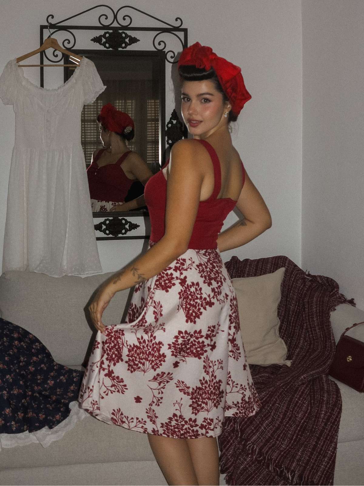 Rot 1950er Blumen Knöpfen Sweetheart-Kragen Kleid - Image 3
