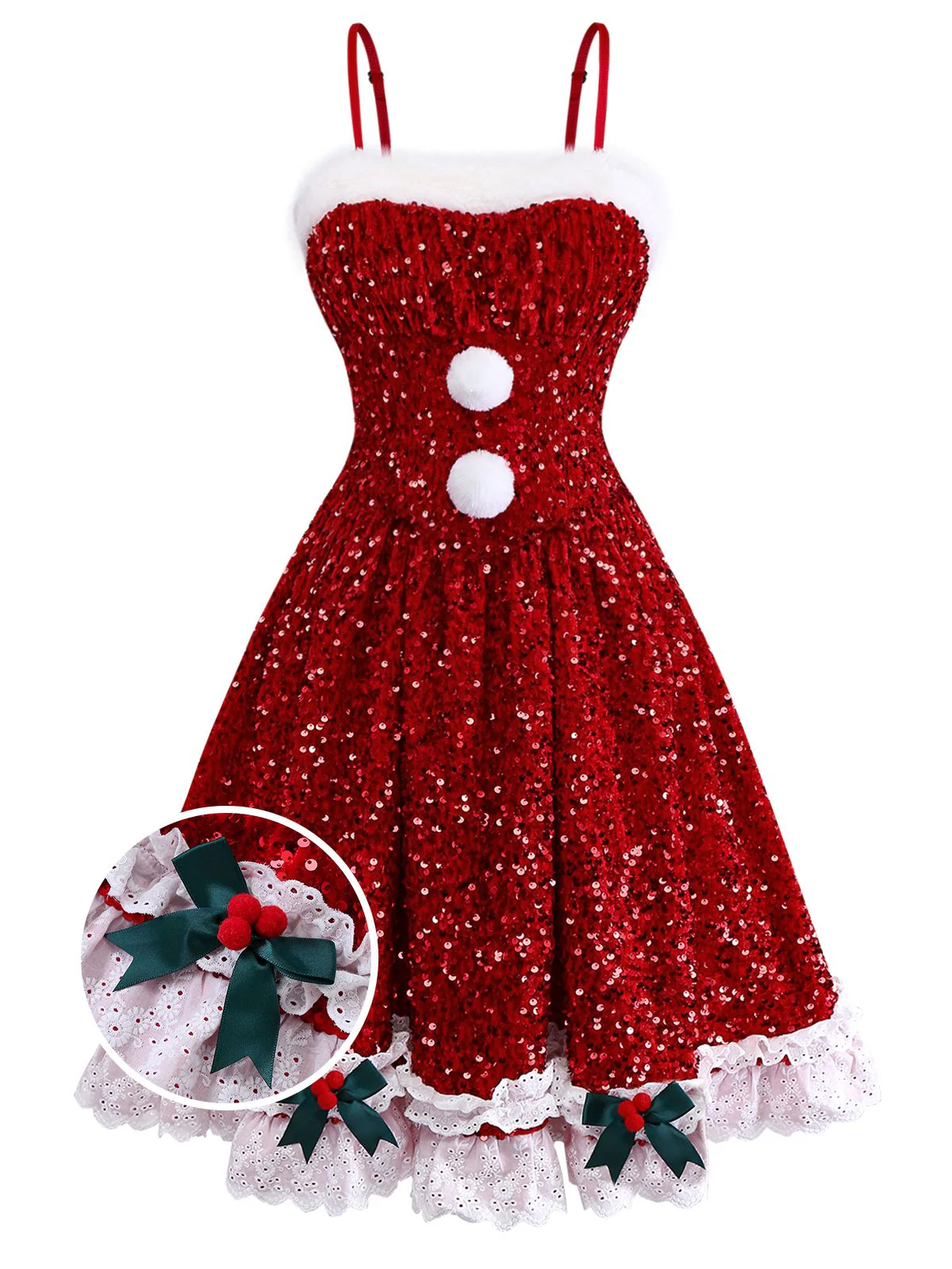 Rot 1950er Bogen Pailletten Plüschsaum Kleid - Image 2