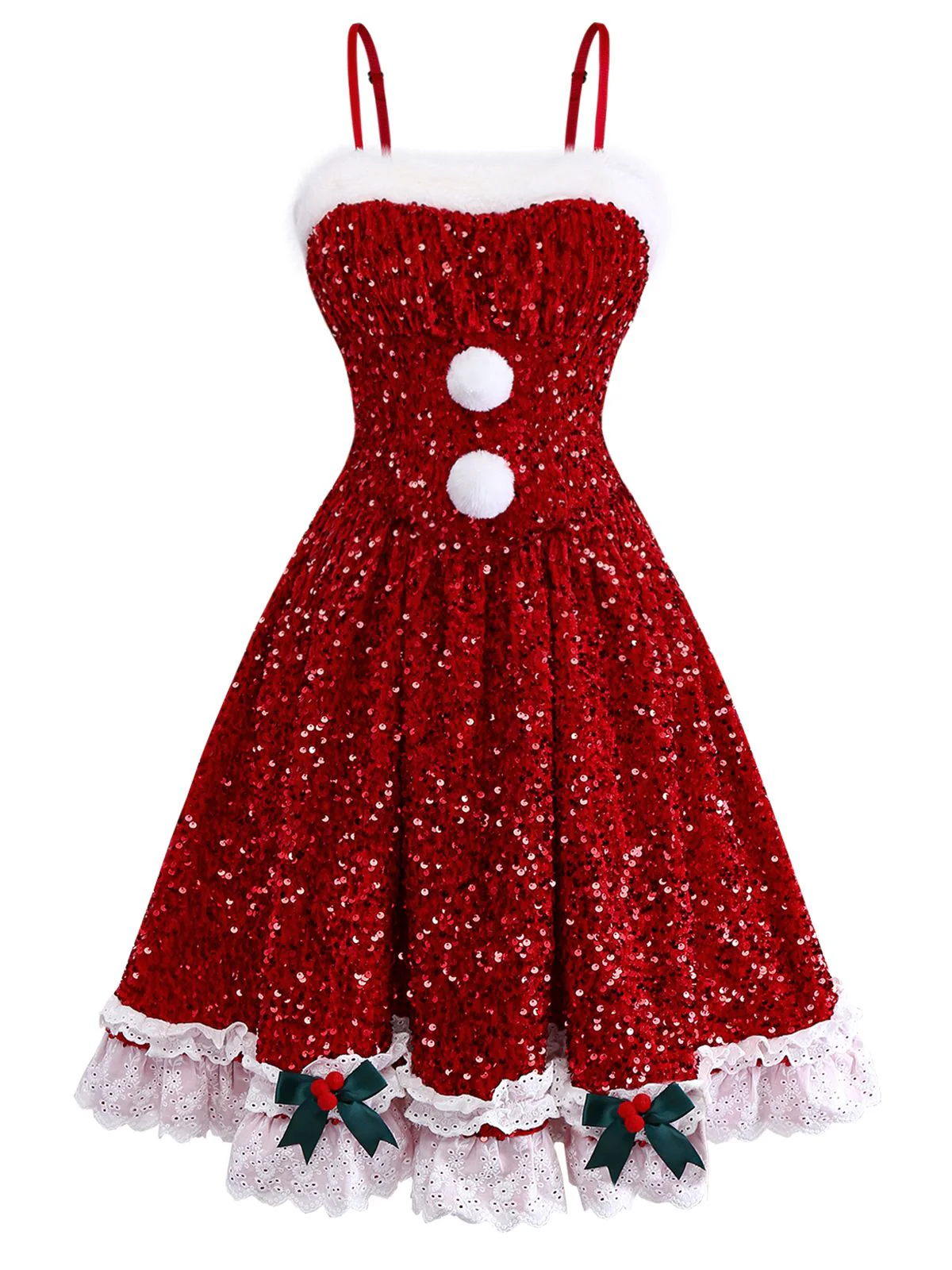 Rot 1950er Bogen Pailletten Plüschsaum Kleid - Image 3