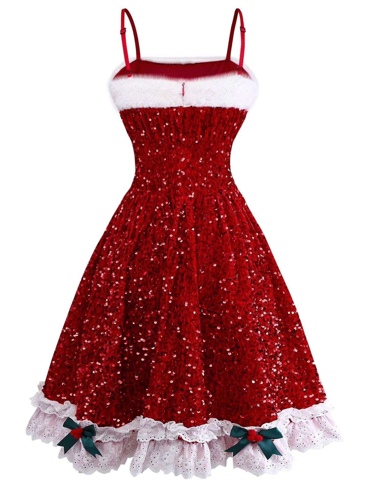 Rot 1950er Bogen Pailletten Plüschsaum Kleid - Image 4