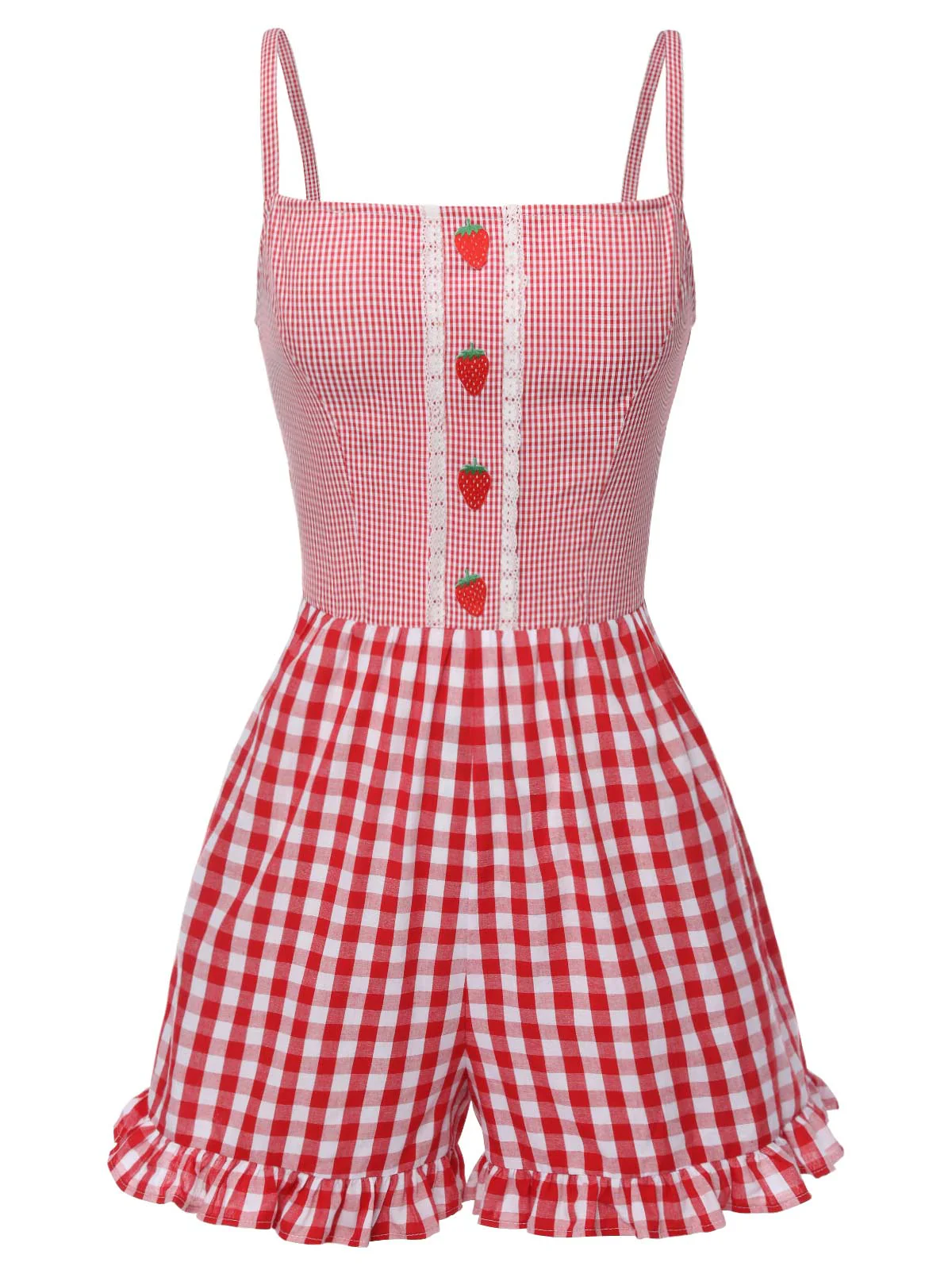 [Vorverkauf] Rot 1950er Erdbeere Plaid Spaghetti Träger Romper - Image 2