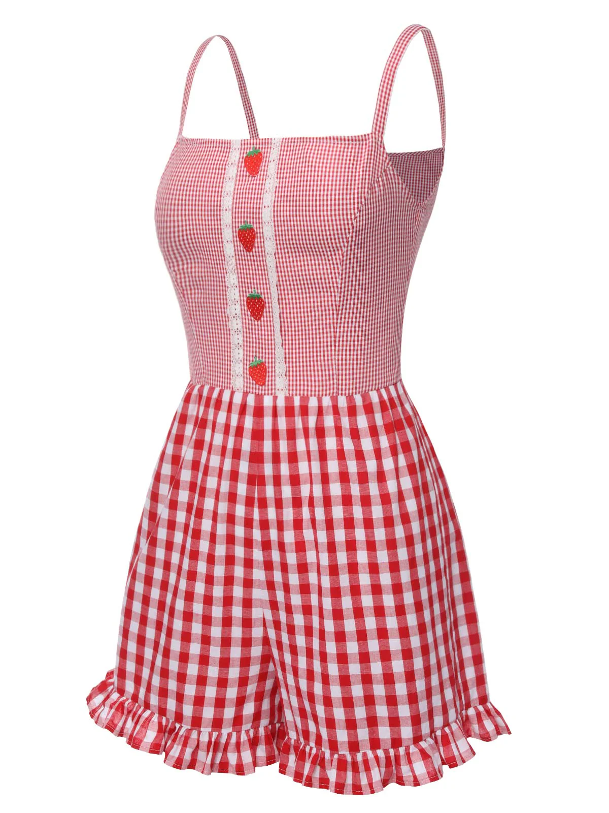 [Vorverkauf] Rot 1950er Erdbeere Plaid Spaghetti Träger Romper - Image 3