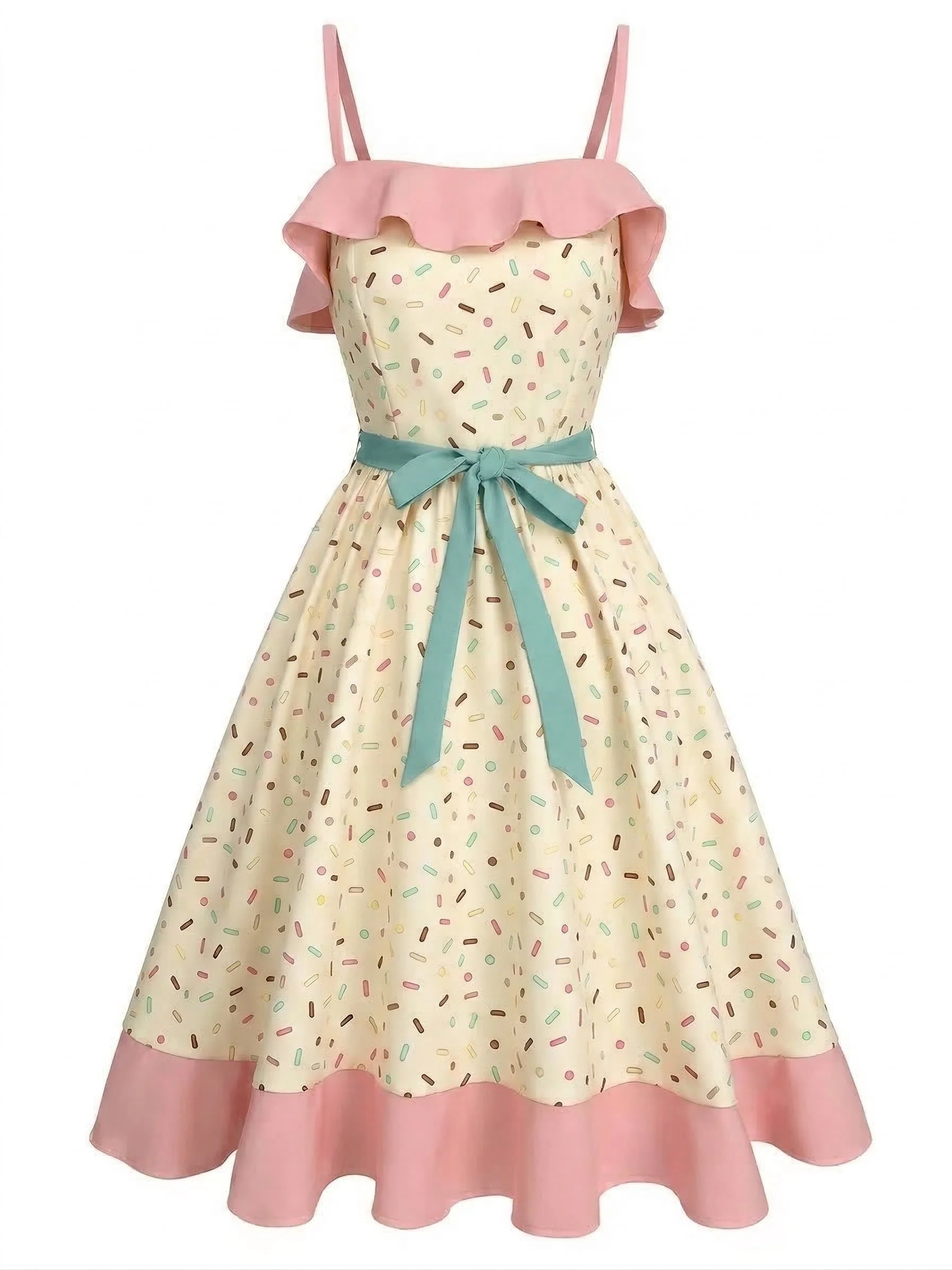 Rot 1950er Erdbeere Rüsche Kleid mit Gürtel - Image 10