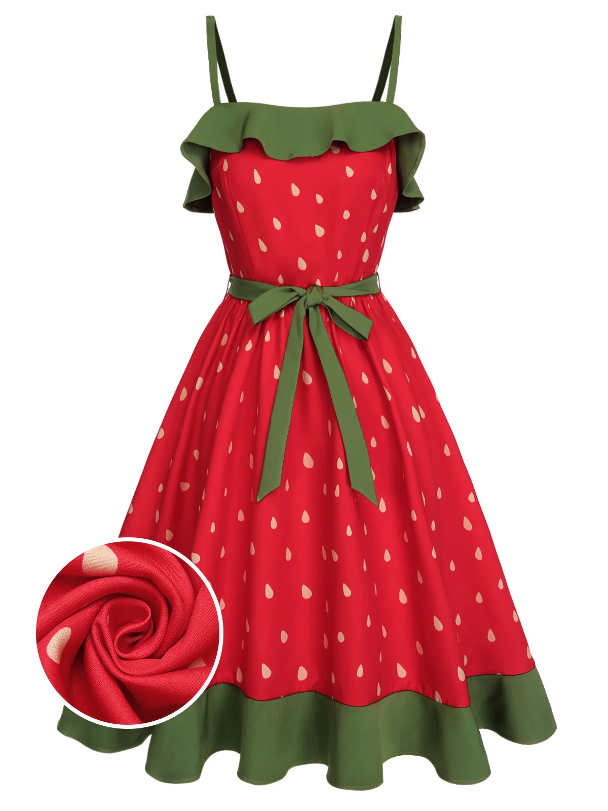Rot 1950er Erdbeere Rüsche Kleid mit Gürtel - Image 3