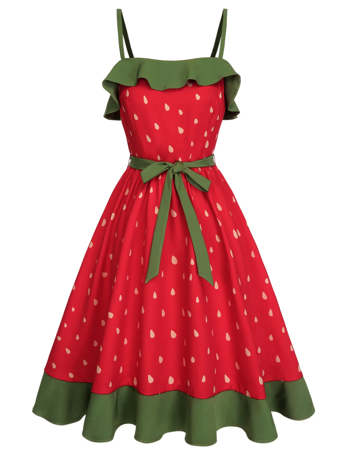 Rot 1950er Erdbeere Rüsche Kleid mit Gürtel - Image 4