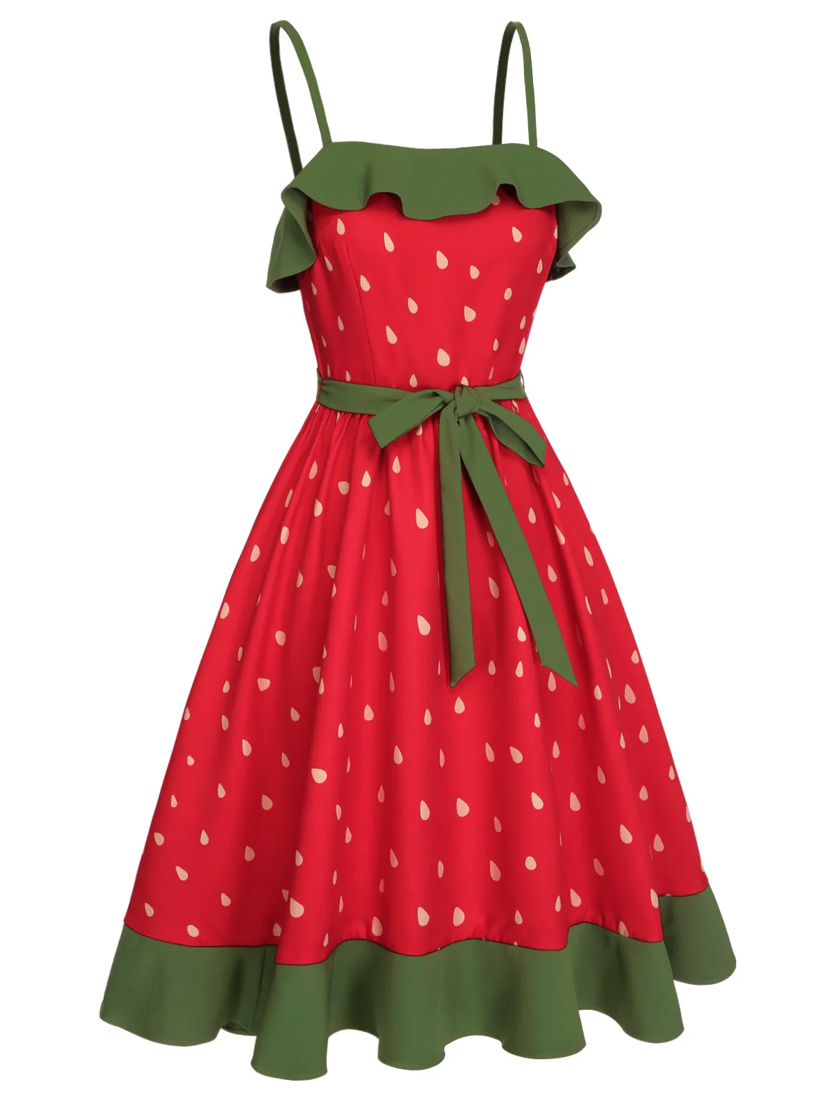 Rot 1950er Erdbeere Rüsche Kleid mit Gürtel - Image 5