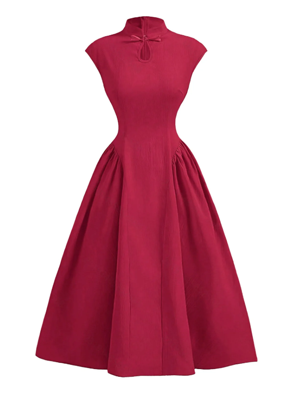 Rot 1950er Flügelärmel Steh Kragen A-Linie Kleid - Image 2