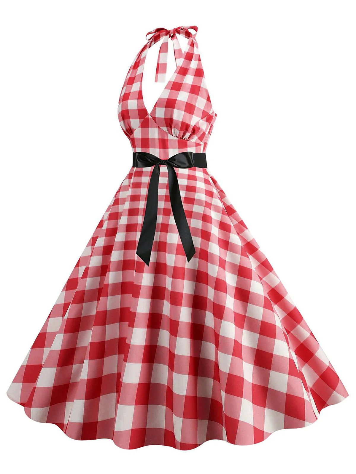 Rot 1950er Gingham Plaid Halter Swing Kleid - Image 2