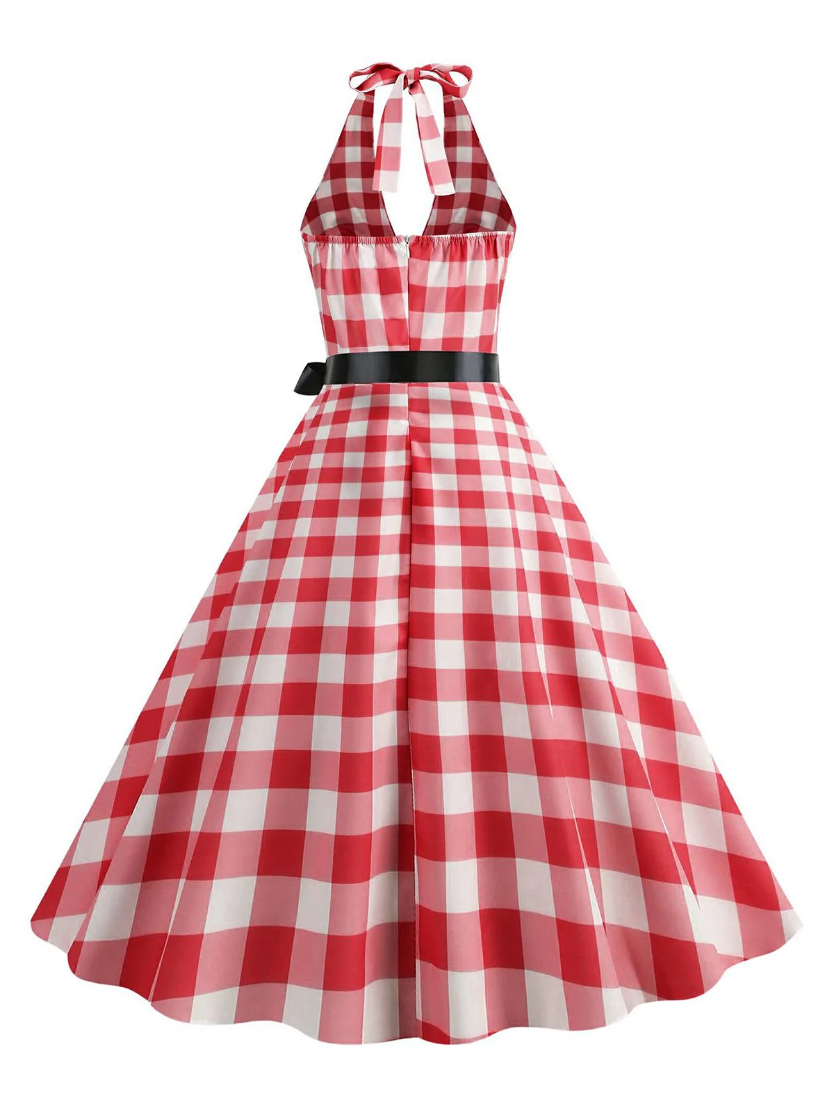 Rot 1950er Gingham Plaid Halter Swing Kleid - Image 3