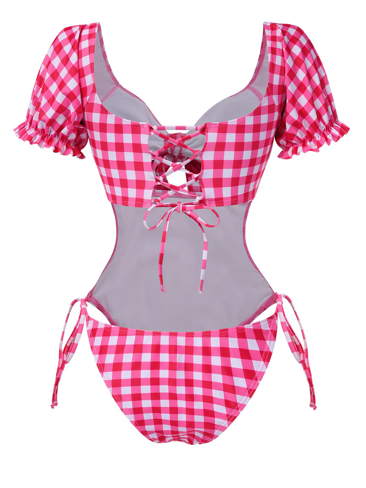 Rot 1950er Gingham Plaid Hohl Puff Badeanzug - Image 2