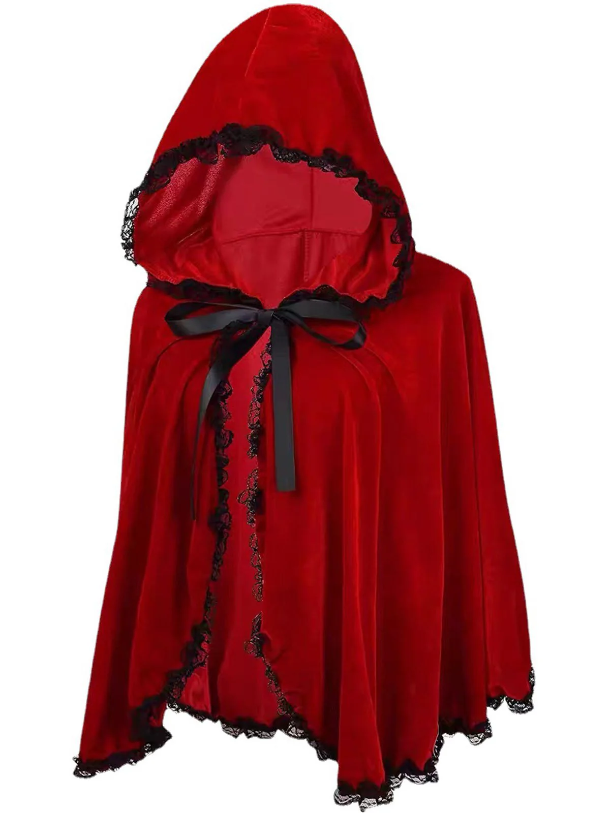 Rot 1950er Halloween Rotkäppchen Kostüm Spitzenbesatz Samt Umhang - Image 2