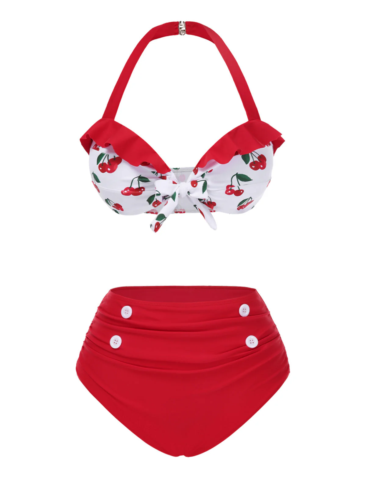 Rot 1950er Halter Rüschen Kirsche Bikini Set - Image 2