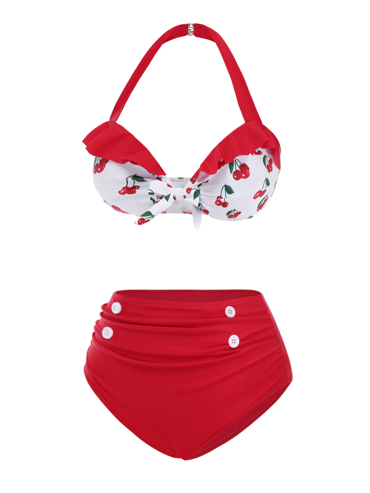Rot 1950er Halter Rüschen Kirsche Bikini Set - Image 3