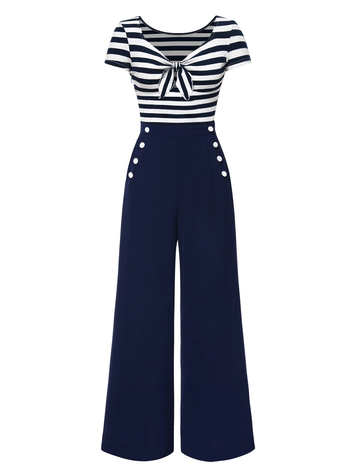 Blau 1950er Hohl Bogen Streifen Patchwork Jumpsuit - Image 5